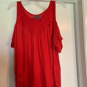 orange-red off the shoulder blouse